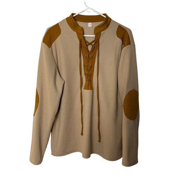 Vintage Beige & Brown Long Sleeve Lace-Up Shirt Medium - Picture 1 of 5